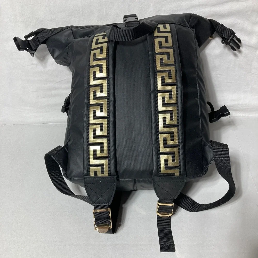 Versace Parfums Black Backpack Tote Bag Gold Greek Key Straps‎